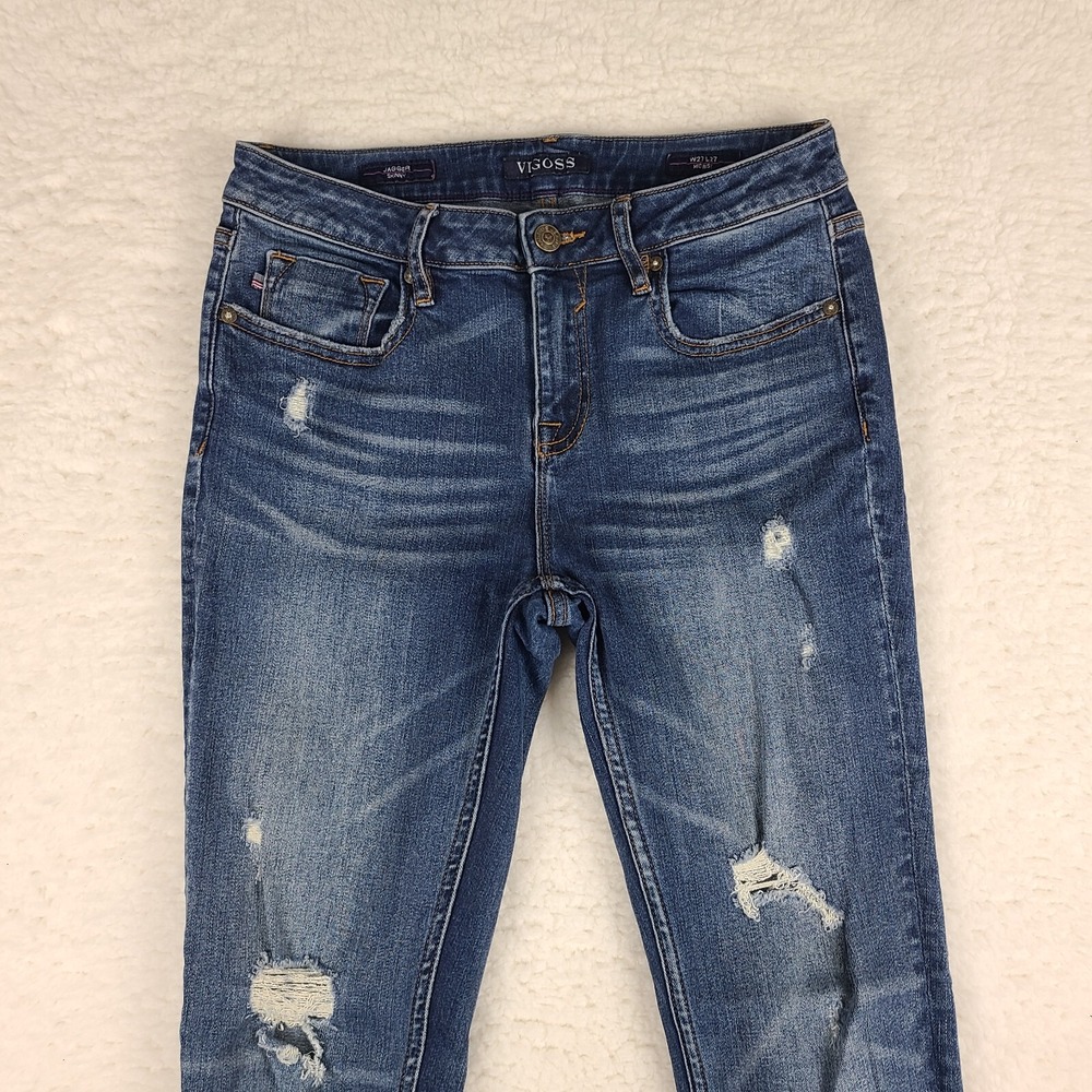 Vigoss Jeans Womens 27x27 Blue Jagger Skinny Fray Distress Dark‎ Wash Denim - Picture 3 of 14